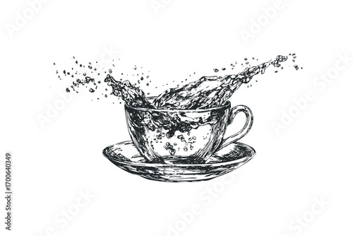 Sketch of a hot drink splash in a cup and saucer on a transparent background. Vector hand drawn illustration