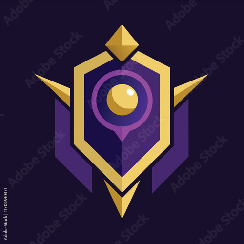 Stylized shield emblem with a central eye motif, rendered in shades of purple and gold, conveying a sense of protection