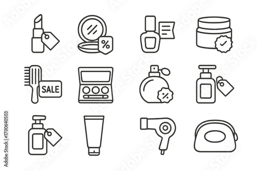 Beauty Products Icons. Line style icons of beauty sales: lipstick with label, compact mirror and discount tag, nail polish with