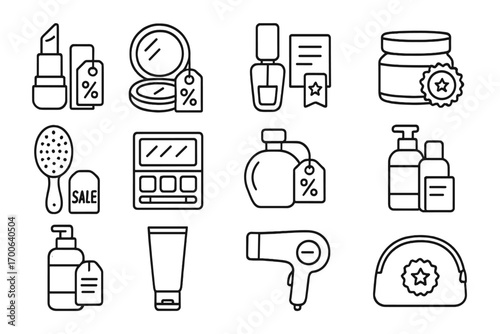 Beauty Products Icons. Line style icons of beauty sales: lipstick with label, compact mirror and discount tag, nail polish with