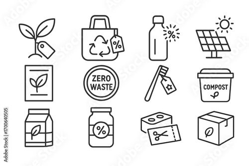 Eco-Friendly Product Icons. Line style icons of eco-product sales: plant with tag, recycled bag with label, reusable bottle with