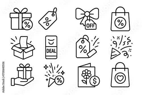 Gift Deal Icons. Line style icons of gift deals: gift box with discount ribbon, wrapping paper tag, bow with offer card, present
