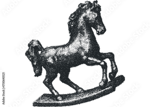 Halftone style rocking horse toy image. Vector hand drawn illustration