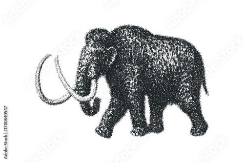 Mammoth walking stippled graphic on transparent background. Vector hand drawn illustration