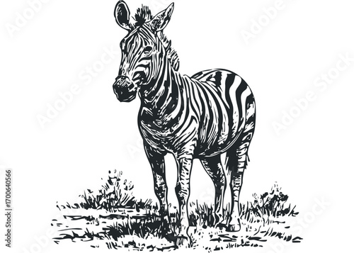 Line art zebra standing in grass on transparent background. Vector hand drawn illustration