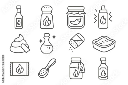Spicy Icon Collection. Line style icons of spicy condiments: hot sauce bottle, pepper shaker with flame, chili oil jar, mustard