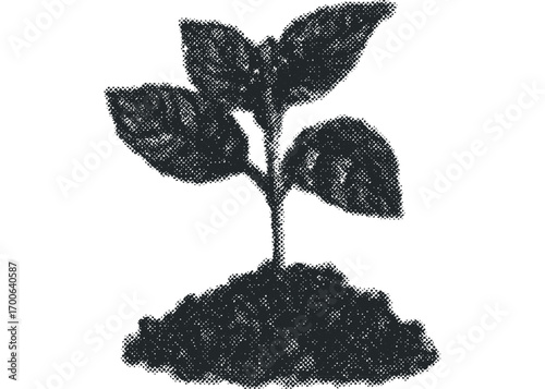 Sprout emerging from soil heap with halftone dot effect. Vector hand drawn illustration