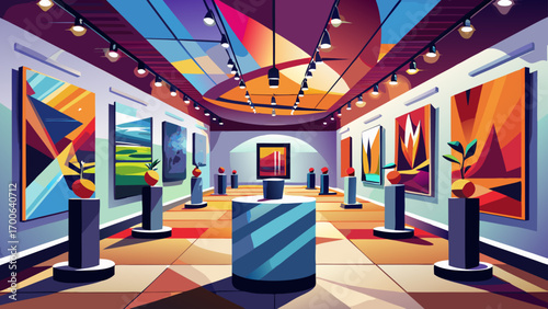 Elegant 360 panorama of a contemporary gallery space, highlighting sleek black pedestals, vibrant paintings, soft track lighting, and spacious white interiors, blending artistic energy with modern arc