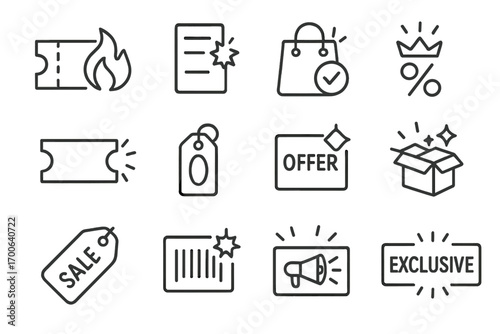 Promotional Icon Designs. Line style icons of featured promotions: coupon with flame, flyer with glow tag, shopping bag with badge