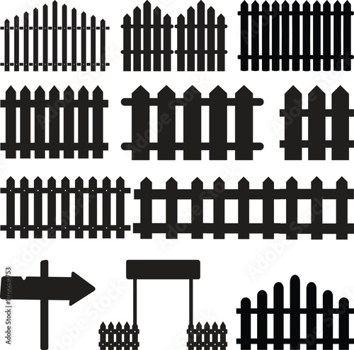 Wooden Fence Icon set. Classic Garden Fencing Symbol. Simple Wooden Fence cassic picket fence that embodies simplicity and security its clean lines and rustic charm.collection of Garden fence wooden.