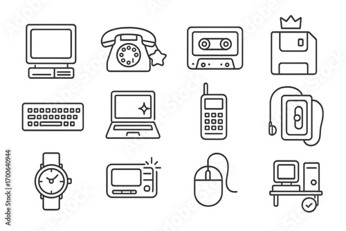 Retro Tech Line Icons. Line style icons of old devices: CRT monitor with label, rotary phone with star tag, cassette player icon,