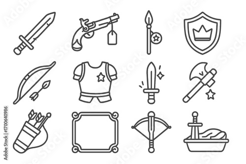 Historic Weapon Icons. Line style icons of old weapons: sword with worn blade, flintlock pistol with tag, spear with badge, shield