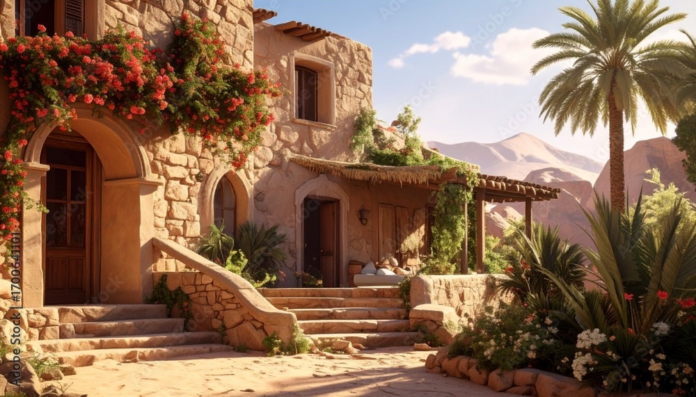 Fototapeta premium Idyllic Mediterranean Home A Serene Oasis with Lush Gardens and Sunny Ambiance