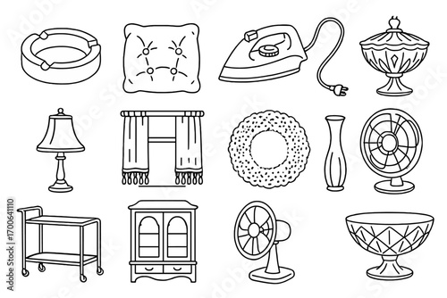 Retro Houseware Icons. Line style icons of retro houseware: ceramic ashtray, velvet cushion, iron with cord, glass candy dish;