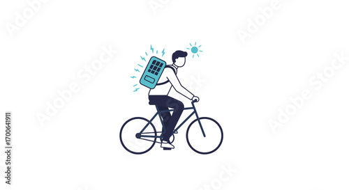 Man riding a bicycle with a solar-powered backpack