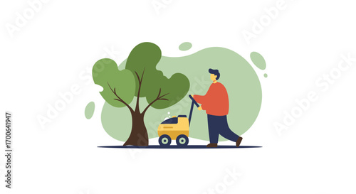Man Pushing a Soap Dispenser Cart Near a Tree