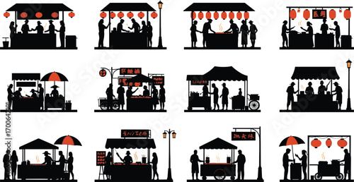 Street food stalls, night market, food vendors, Asian cuisine, lantern lights, street food vendors, outdoor food stalls, cooking silhouettes