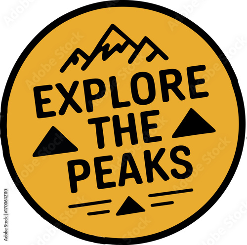 Explore the peaks circular badge with mountain graphic and black text