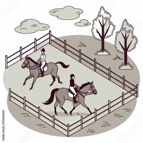 Isometric Illustration of Horseback Riders Practicing Equestrian Training in a Paddock
