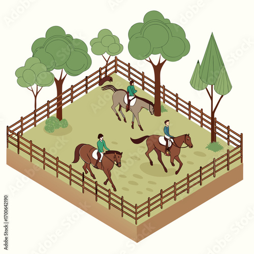 Isometric Illustration of Horseback Riders Practicing Equestrian Training in a Paddock
