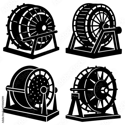 Collection of four black and white illustrations of different raffle ticket drum machines on stands design