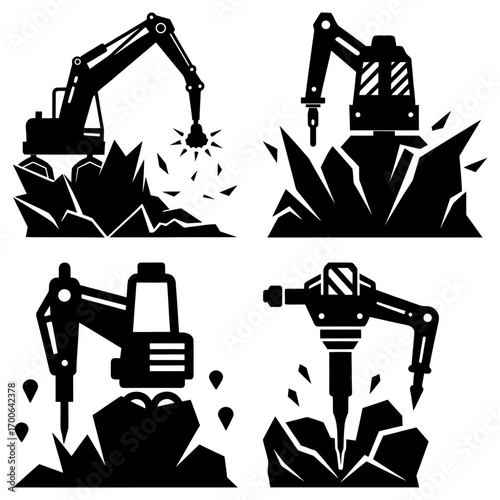 Illustration showing heavy machinery breaking rocks with jackhammers and excavators in black and white style