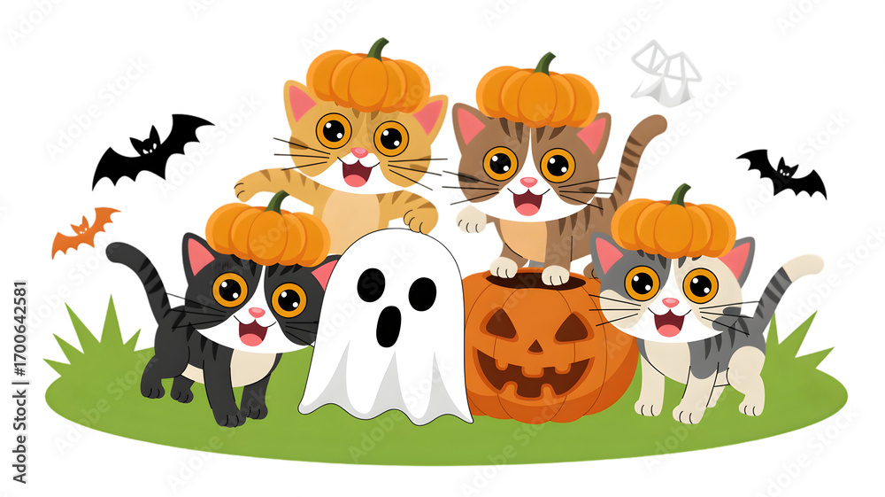 Obraz premium Adorable Kittens in Pumpkin Hats Celebrating Halloween