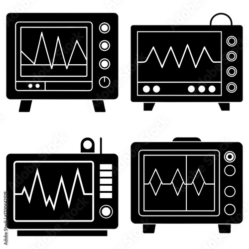 Four medical monitors displaying different waveforms in black and white silhouette style design art