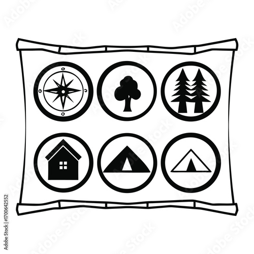 A black and white illustration of camping icons on a scroll isolated on white background, perfect for outdoor adventure themes