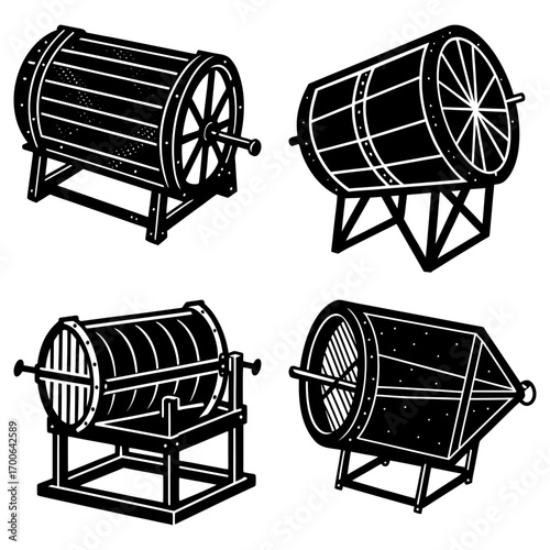 Four illustrations showing different styles of vintage lottery or raffle ticket spinning drums on stands