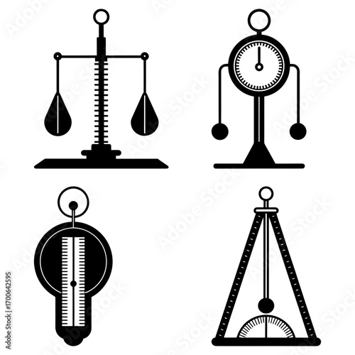 Illustration of four different types of scales including balance and spring scales in black and white