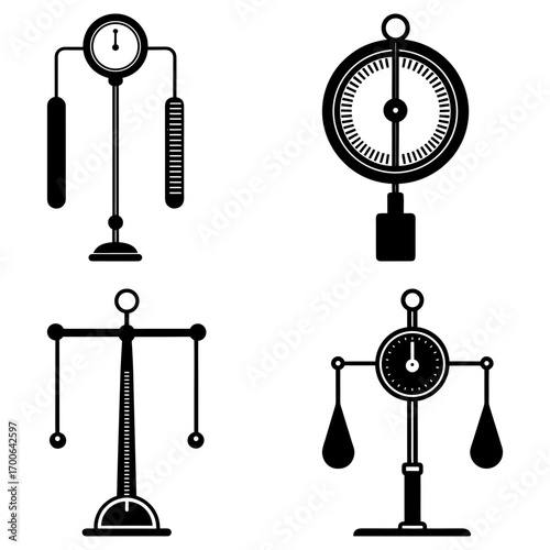 Illustration of four different types of scales including spring balance and balance scale in black and white