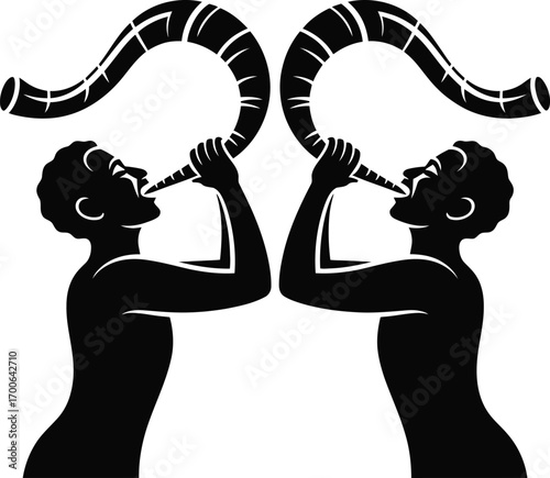 Two silhouetted figures blowing into traditional ram s horn shofars on a white background