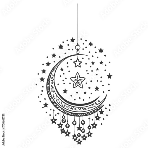 hanging moon star Ramadan illustration grey