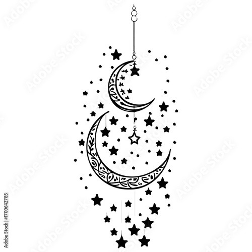 hanging moon star Ramadan illustration sketch hand draw