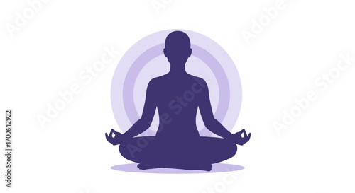 Serene silhouette meditating in lotus pose with calming aura, promoting inner peace and mindfulness