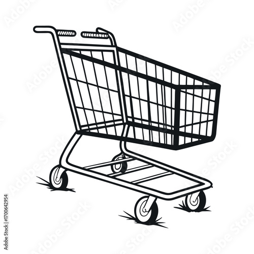 Print Black wire frame shopping cart with extended handle in side profile view
