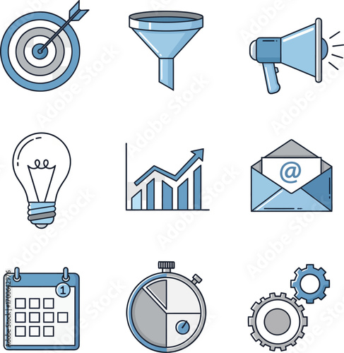 Business growth icons set featuring target lightbulb calendar and gears for strategy planning vector
