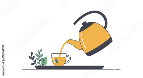 Warm amber tea pours from a modern yellow kettle into a delicate glass cup with a green leaf emblem