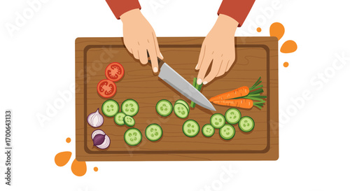 Hands preparing fresh vegetables for a healthy meal on a wooden cutting board