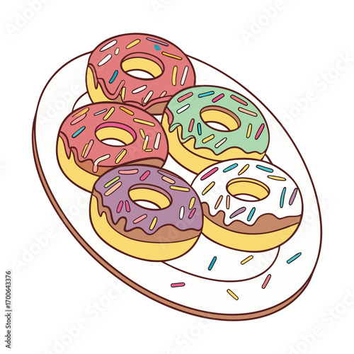 Print colorful glazed donuts with rainbow icing and sprinkles displayed on ceramic plate in circular pattern