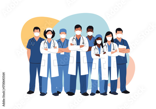 Diverse team of healthcare professionals standing together in unity wearing masks