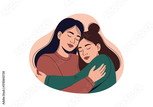 Two young women embracing with eyes closed showing deep emotional connection and support for one another