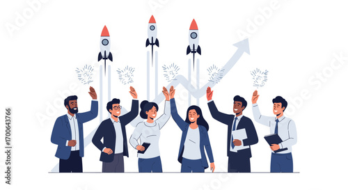 Successful team celebrates business growth and new projects launching towards the future