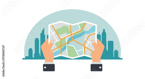 Hands holding a map in the city