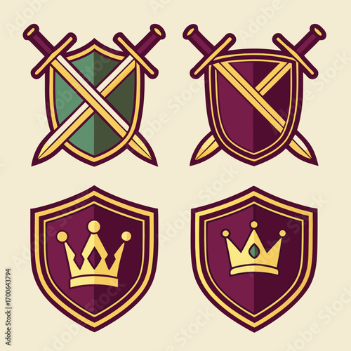 Collection of four unique shield badges featuring swords and crowns, ideal for game assets or heraldic design elements