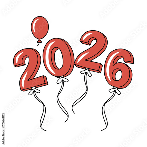Print Glossy red inflatable number balloons forming 2026 with ribbon ties for festive occasions