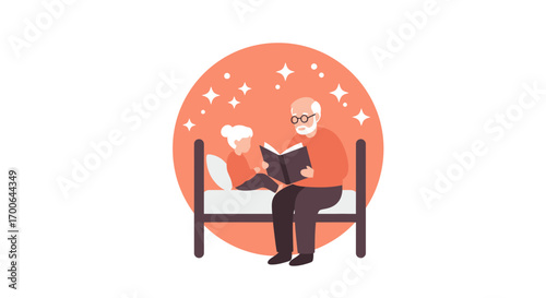 Grandfather reading bedtime story to grandchild in cozy bedroom with star accents and comforting vibes