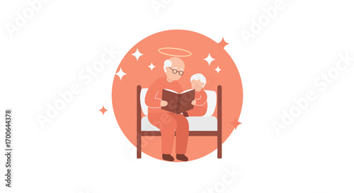 Heartwarming bedtime story moment Grandfather reads with Grandson vector illustration