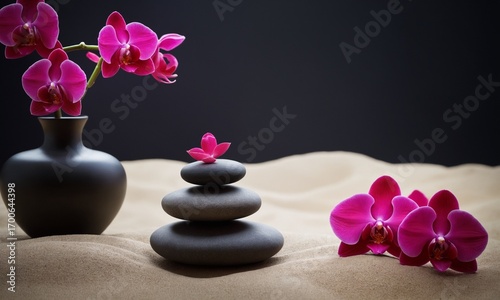 Find inner peace with these stacked stones and vibrant orchids in a serene setting for your wellness brand